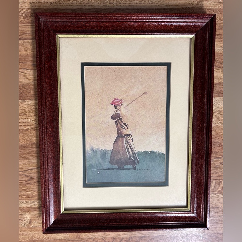 Vintage Watercolor picture lady golfer/D.Nichol